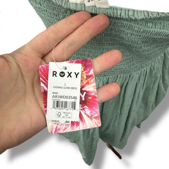 NEW Roxy Evening Glow Crinkle Mini Dress Size Large Smocked Cut Out Fit & Flare - Picture 9 of 9